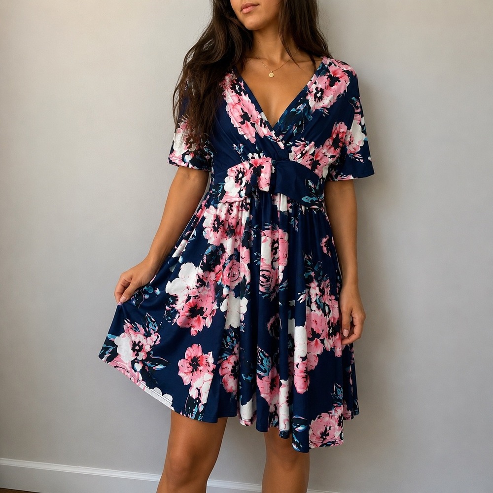 Fantaslook Navy‎ Floral Wrap Front Short Sleeve Dress Medium Cottagecore